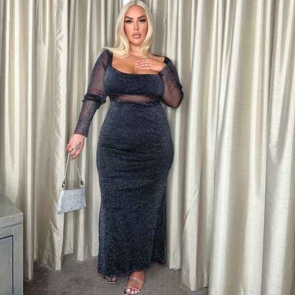 Shein Sheer Long Sleeve Black Sparkly Maxi Dress with Open Back - Picture 6 of 9